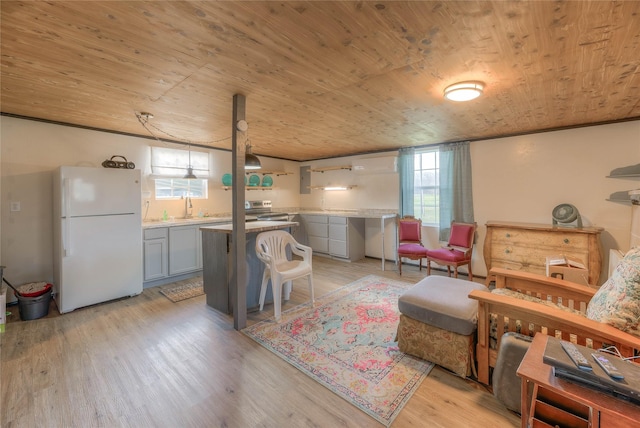 living room featuring wooden ceiling, a healthy amount of sunlight, and light wood finished floors