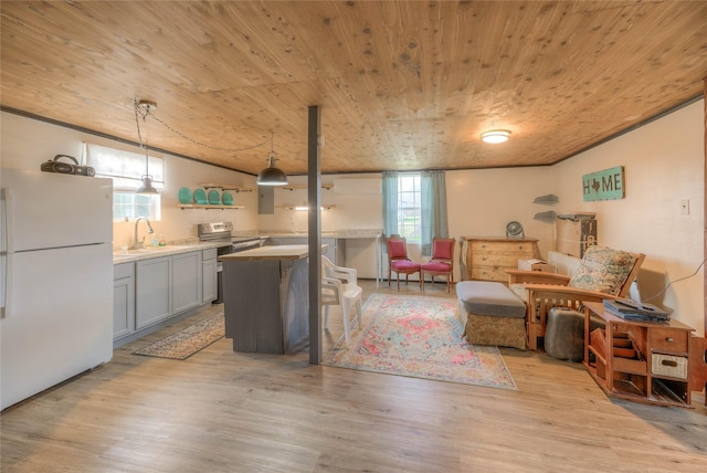 living room featuring wooden ceiling, lofted ceiling, and light wood-style floors