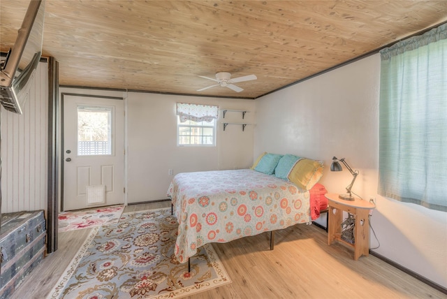 bedroom with wood finished floors, wooden ceiling, and a ceiling fan