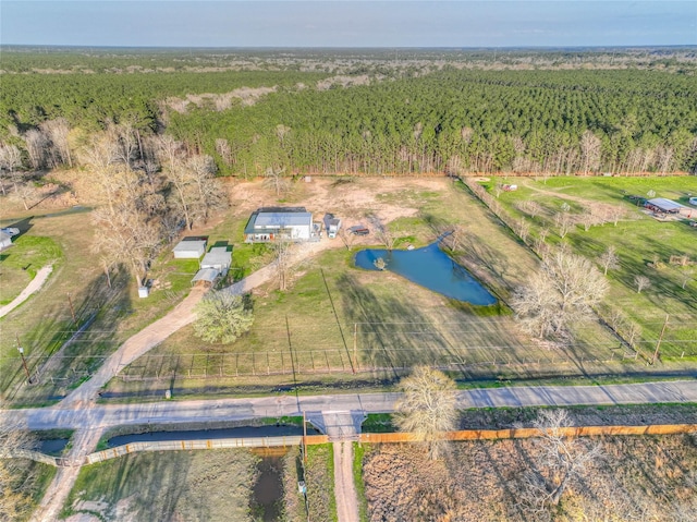 bird's eye view featuring a forest view and a water view