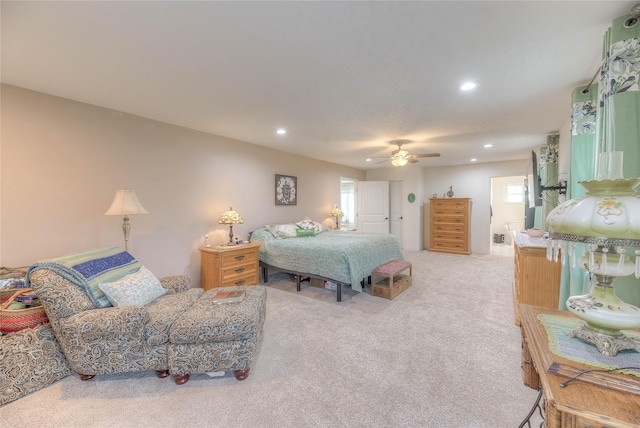 bedroom featuring recessed lighting, carpet floors, and ceiling fan