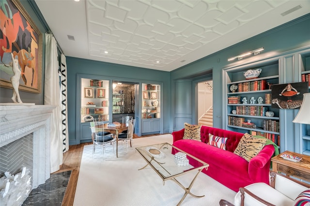 2131 Brentwood Dr, Houston, TX 77019 - living room with a fireplace, stairs, and built in features