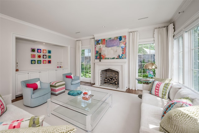 2131 Brentwood Dr, Houston, TX 77019 - living room featuring healthy amount of natural light, ornamental molding, a fireplace with raised hearth, and wood finished floors