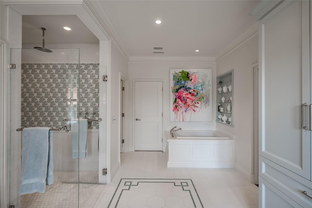 2131 Brentwood Dr, Houston, TX 77019 - full bath featuring a shower stall, a garden tub, ornamental molding, recessed lighting, and baseboards