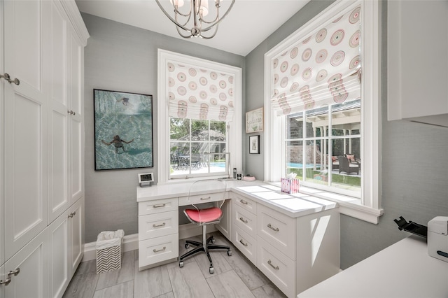 2131 Brentwood Dr, Houston, TX 77019 - office with a chandelier, built in study area, and baseboards
