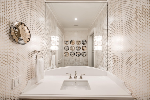 2131 Brentwood Dr, Houston, TX 77019 - bathroom featuring ornamental molding and vanity