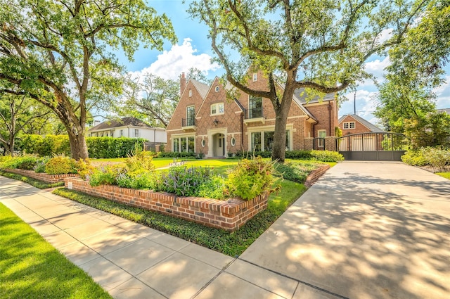 2131 Brentwood Dr, Houston, TX 77019 - tudor-style house with brick siding, a gate, and concrete driveway