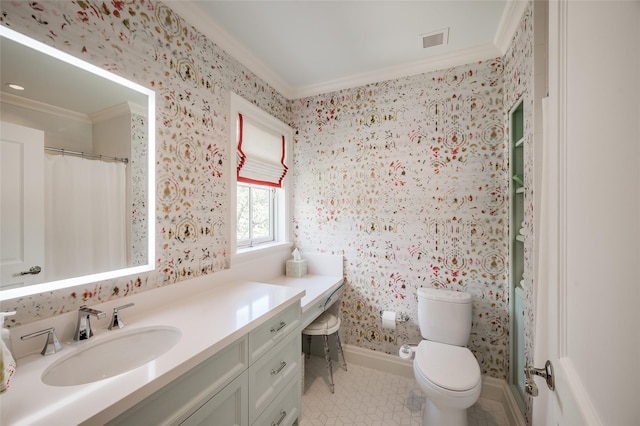 2131 Brentwood Dr, Houston, TX 77019 - full bathroom with crown molding, vanity, wallpapered walls, baseboards, and toilet