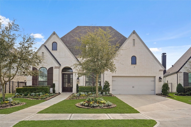 2142 Almond Creek Ln, Brookshire, TX 77423 - french provincial home with fence, a front lawn, driveway, brick siding, and a garage
