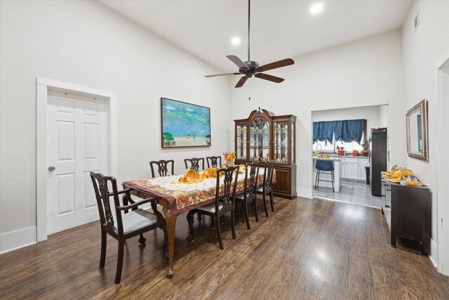 725 Columbus Rd, Sealy, TX 77474 - dining space with visible vents, baseboards, dark wood-type flooring, and ceiling fan