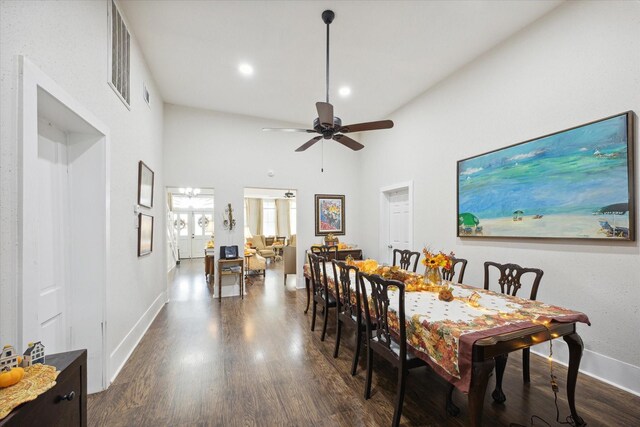 725 Columbus Rd, Sealy, TX 77474 - dining area featuring dark wood-type flooring, a ceiling fan, baseboards, and visible vents