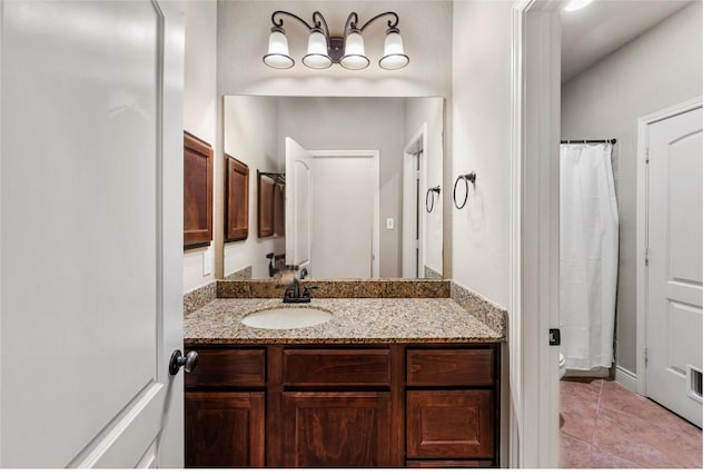 17131 Lumberton Dr, Cypress, TX 77433 - full bathroom with vanity, tile patterned floors, and a shower with shower curtain