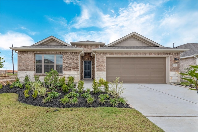 single story home featuring brick siding, driveway, a front yard, and an attached garage