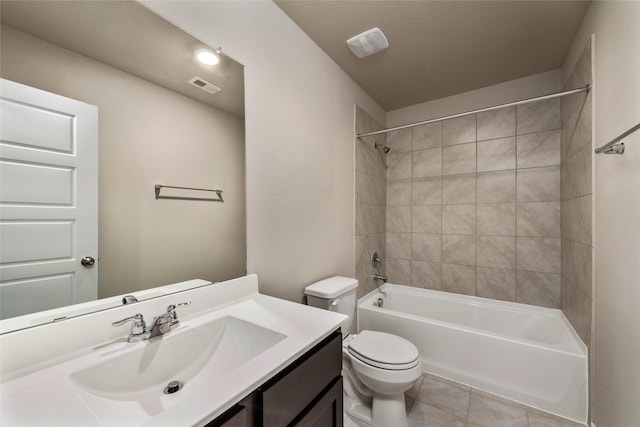 full bath with vanity, visible vents,  shower combination, tile patterned floors, and toilet