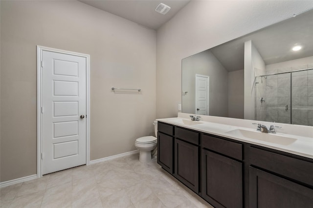 full bathroom with a shower stall, toilet, visible vents, and a sink