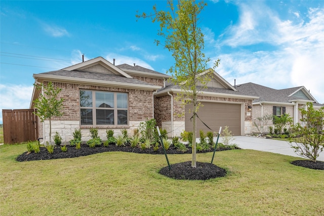 ranch-style house featuring concrete driveway, a garage, brick siding, and a front yard