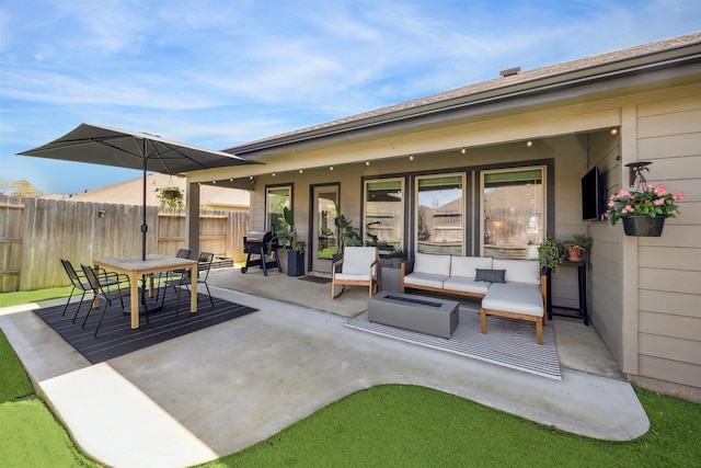 view of patio / terrace featuring an outdoor living space, outdoor dining area, area for grilling, and fence