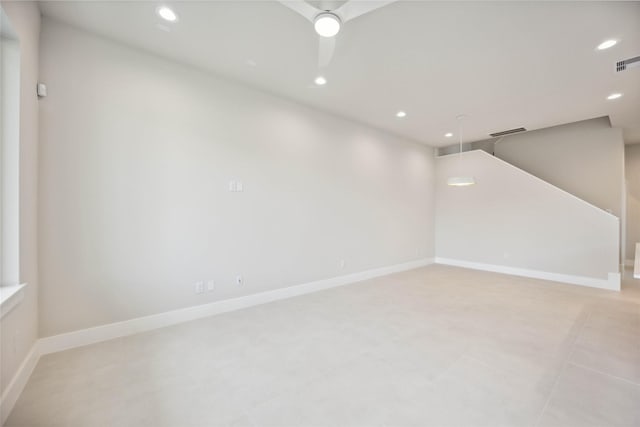 unfurnished room featuring visible vents, baseboards, a ceiling fan, and recessed lighting