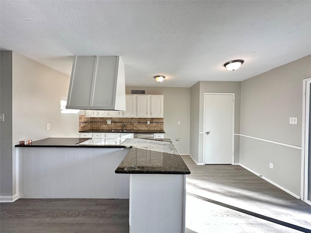 kitchen with white cabinetry, a peninsula, wood finished floors, and tasteful backsplash