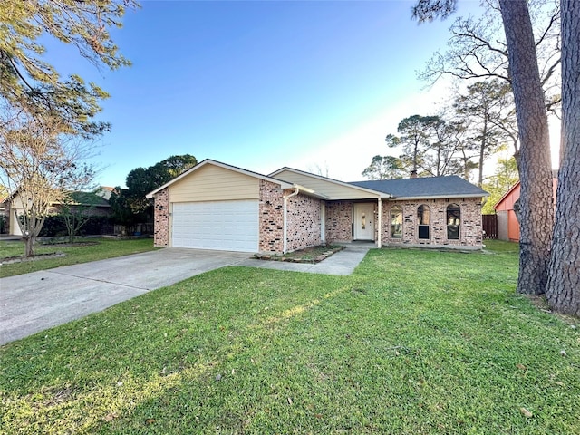 ranch-style house with brick siding, a garage, a front lawn, and driveway