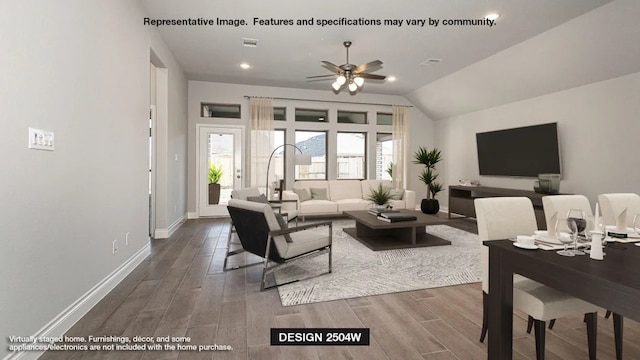 535 Oakview Bend Dr, Montgomery, TX 77316 - living area featuring visible vents, dark wood-type flooring, a ceiling fan, baseboards, and vaulted ceiling