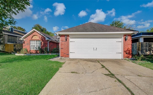 single story home featuring brick siding, a garage, and fence