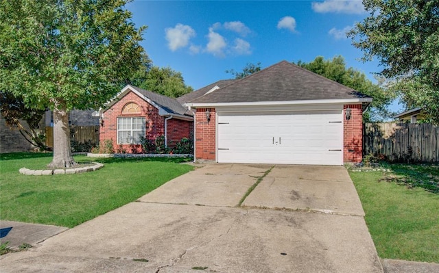 ranch-style house featuring brick siding, driveway, a front yard, and fence