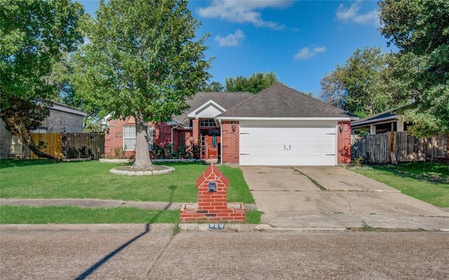 single story home featuring brick siding, driveway, a front yard, and fence