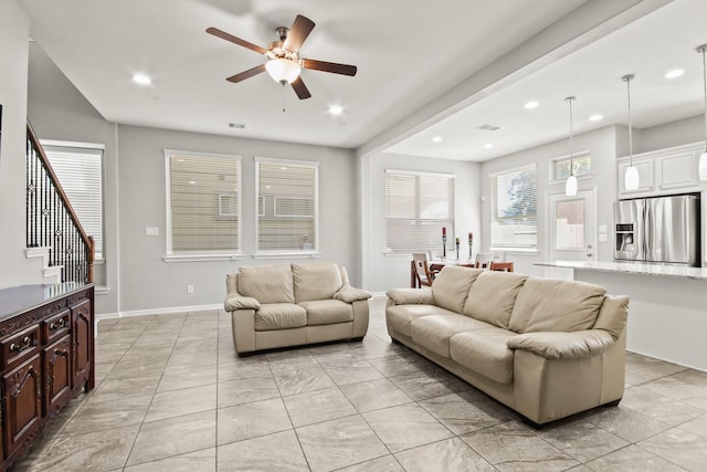 living room with stairway, ceiling fan, baseboards, visible vents, and recessed lighting