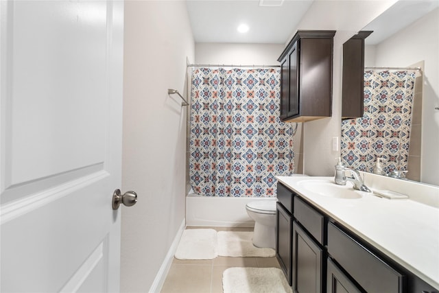 full bath with baseboards, toilet, shower / tub combo, tile patterned floors, and vanity