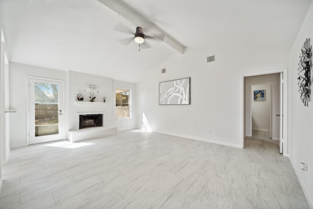 unfurnished living room with visible vents, baseboards, ceiling fan, lofted ceiling with beams, and a fireplace