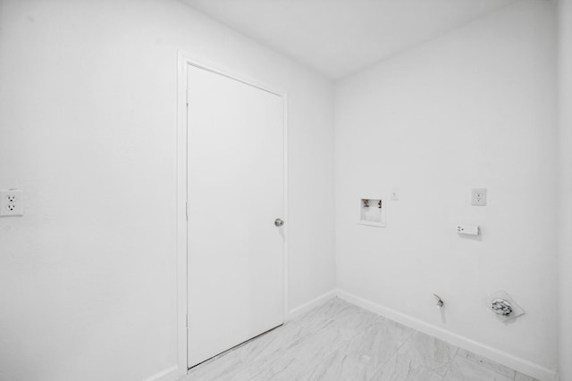 laundry room with baseboards, laundry area, washer hookup, marble finish floor, and hookup for a gas dryer