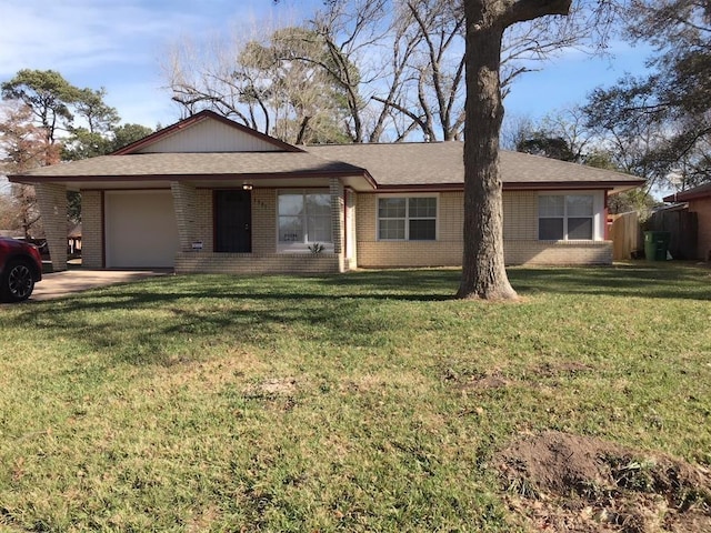 ranch-style home featuring brick siding, concrete driveway, a front lawn, and a garage