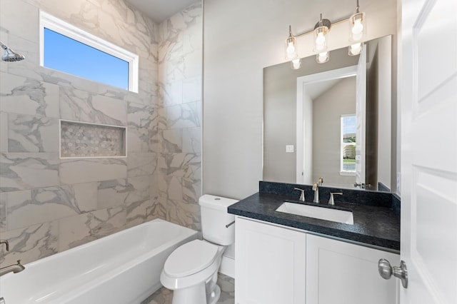 bathroom with plenty of natural light, bathing tub / shower combination, toilet, and vanity