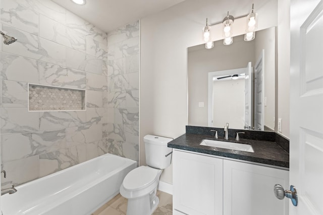 full bath with vanity, recessed lighting, toilet, marble finish floor, and washtub / shower combination