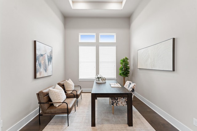 27003 Skiers Crossing Dr, Katy, TX 77493 - office area featuring dark wood-style flooring, healthy amount of natural light, and a raised ceiling