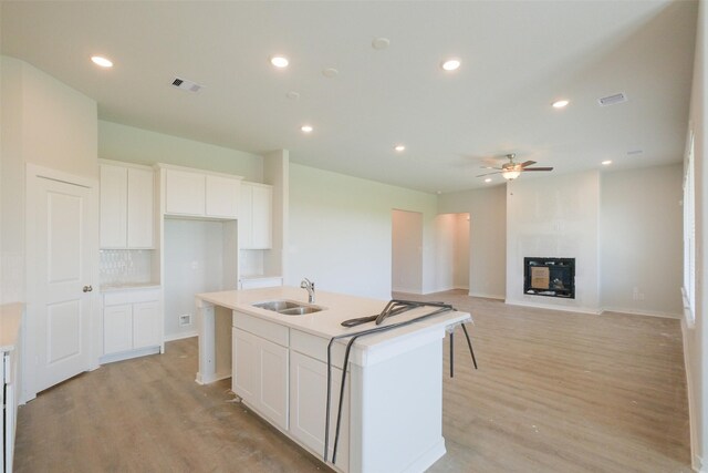 kitchen featuring light wood-style floors, an island with sink, a sink, and white cabinetry