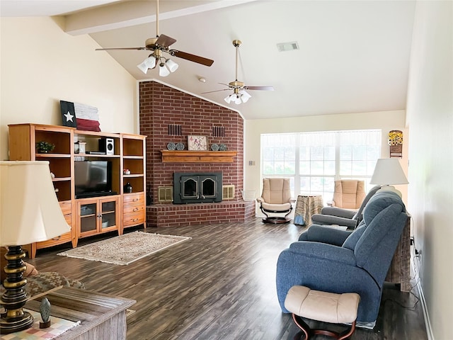 518 Lcr 902, Jewett, TX 75846 - living room featuring vaulted ceiling with beams, visible vents, a ceiling fan, wood finished floors, and a brick fireplace