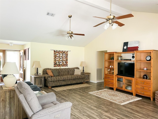 518 Lcr 902, Jewett, TX 75846 - living room featuring lofted ceiling with beams, a ceiling fan, wood finished floors, and visible vents