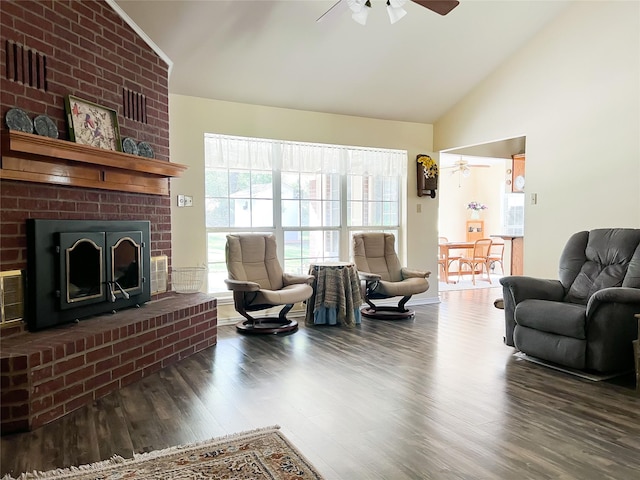 518 Lcr 902, Jewett, TX 75846 - living room with high vaulted ceiling, wood finished floors, ceiling fan, a brick fireplace, and visible vents