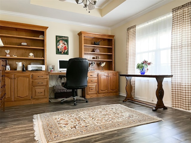 518 Lcr 902, Jewett, TX 75846 - office space with a tray ceiling, ornamental molding, and dark wood finished floors