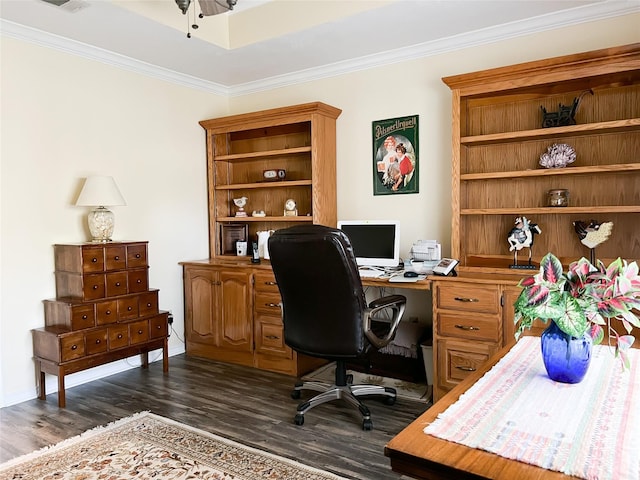 518 Lcr 902, Jewett, TX 75846 - office area with dark wood-type flooring, visible vents, crown molding, and baseboards