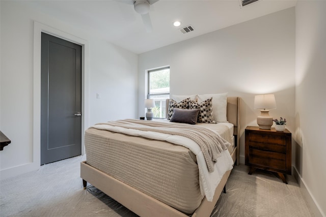 1609 Park St, Houston, TX 77019 - bedroom with light colored carpet, baseboards, a ceiling fan, and recessed lighting