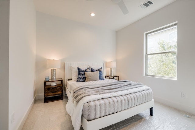 1609 Park St, Houston, TX 77019 - bedroom with baseboards, recessed lighting, a ceiling fan, and light carpet