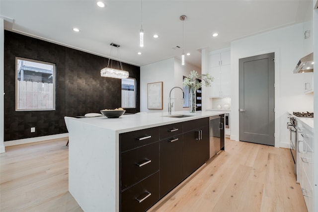 1609 Park St, Houston, TX 77019 - kitchen with a sink, range hood, an accent wall, appliances with stainless steel finishes, and light wood-style floors