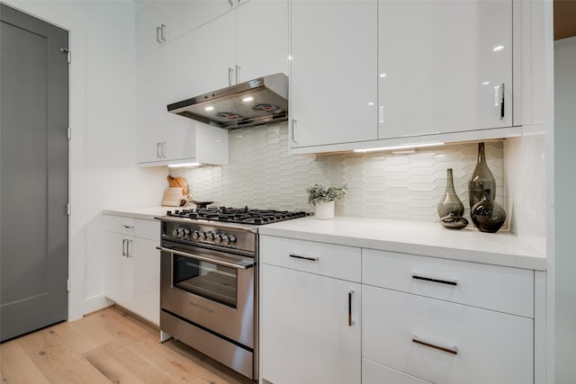 1609 Park St, Houston, TX 77019 - kitchen with high end stainless steel range oven, under cabinet range hood, light wood finished floors, white cabinets, and decorative backsplash