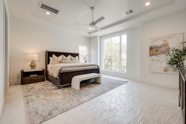 1609 Park St, Houston, TX 77019 - bedroom featuring a tray ceiling, recessed lighting, baseboards, and ceiling fan
