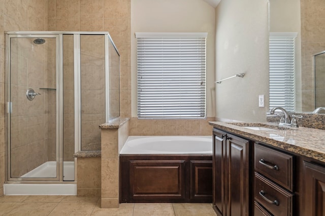 19214 S Cottonwood Green Ln, Cypress, TX 77433 - bathroom featuring vanity, a shower stall, a bath, and tile patterned flooring