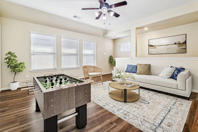 19214 S Cottonwood Green Ln, Cypress, TX 77433 - playroom with ceiling fan, baseboards, and dark wood-type flooring
