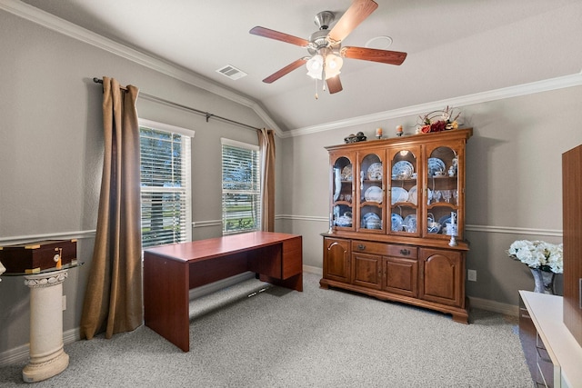 office featuring light carpet, crown molding, a ceiling fan, and vaulted ceiling